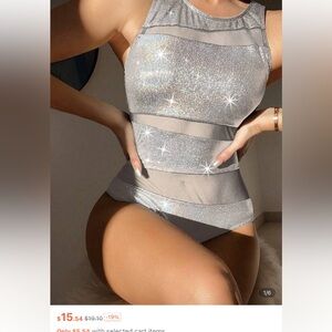 SHEIN Silver white Glitter mesh One Piece Swimsuit sz large metallic